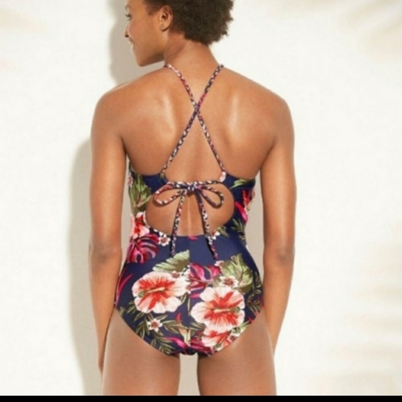 Kona Sol Swimsuit One Piece Keyhole Navy Floral Ruched Tie Open Back Bathing - Picture 5 of 7